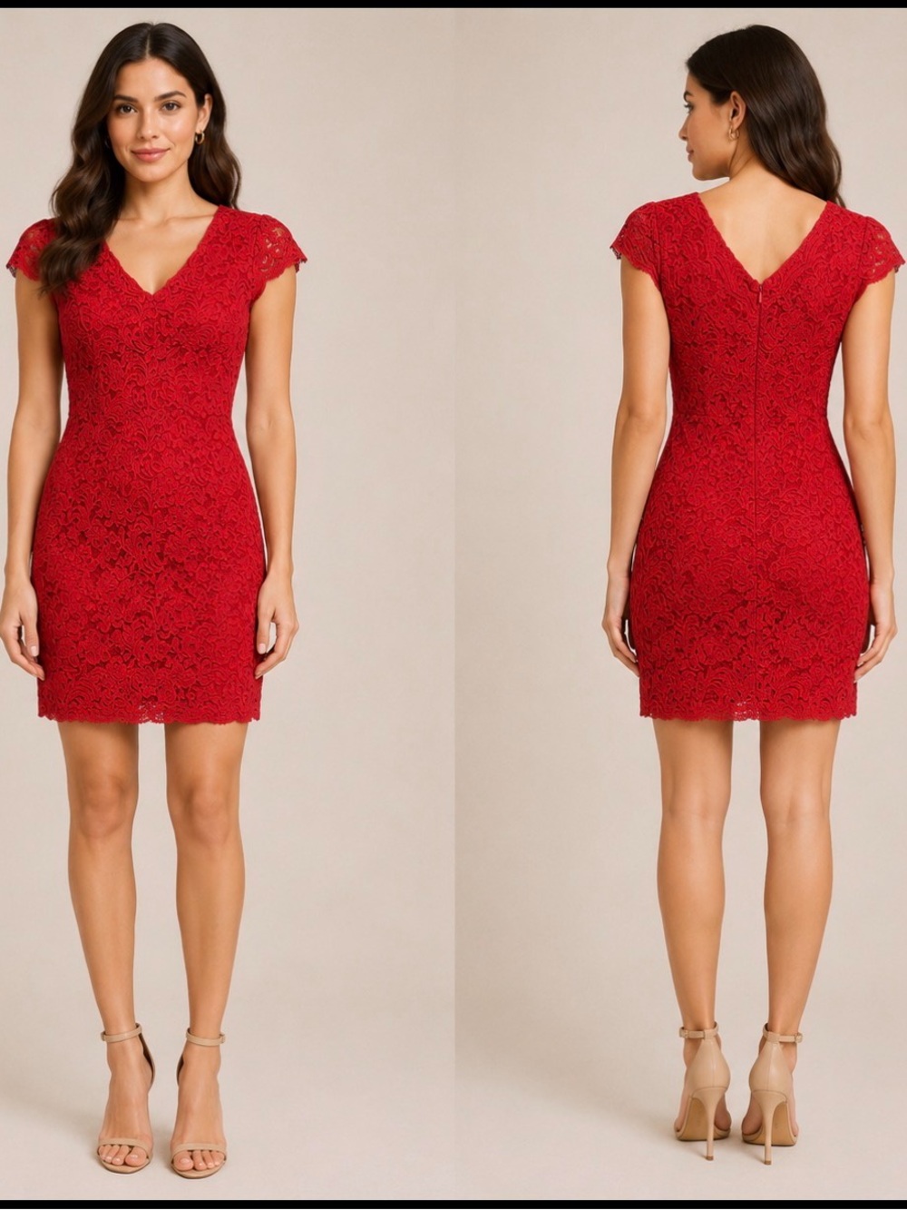 Chetta B Red Lace Cap Sleeve Mini Sheath Dress